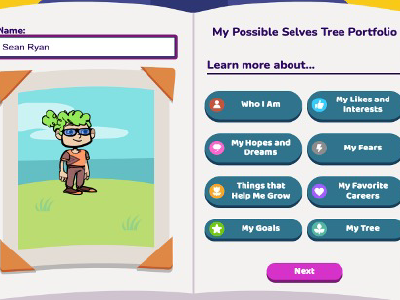 A screenshot of the portfolio with an avatar and buttons to who I am, my likes and interests, my hopes and dreams, my fears, things that help me grow, my favorite careers, my goals, my tree