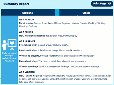 A screenshot of a student summary report showing preferences and strength as a person, friend, learner and work.