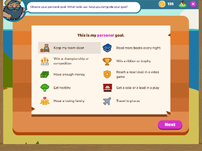 A screenshot of personal goal selections with icons.