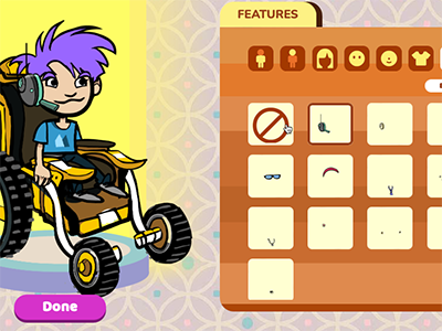 Avatar in a wheelchair choosing features on Future Quest Island-Explorations