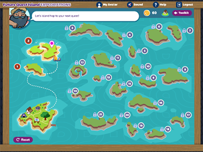 Screenshot of the map of all 21 islands on Future Quest Island-Explorations